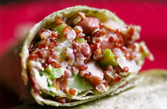 Quinoa and bean burritos with salsa and slaw