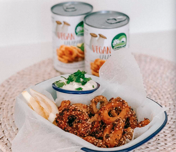 Hemp crumbed calamari with homemade pickle tartar