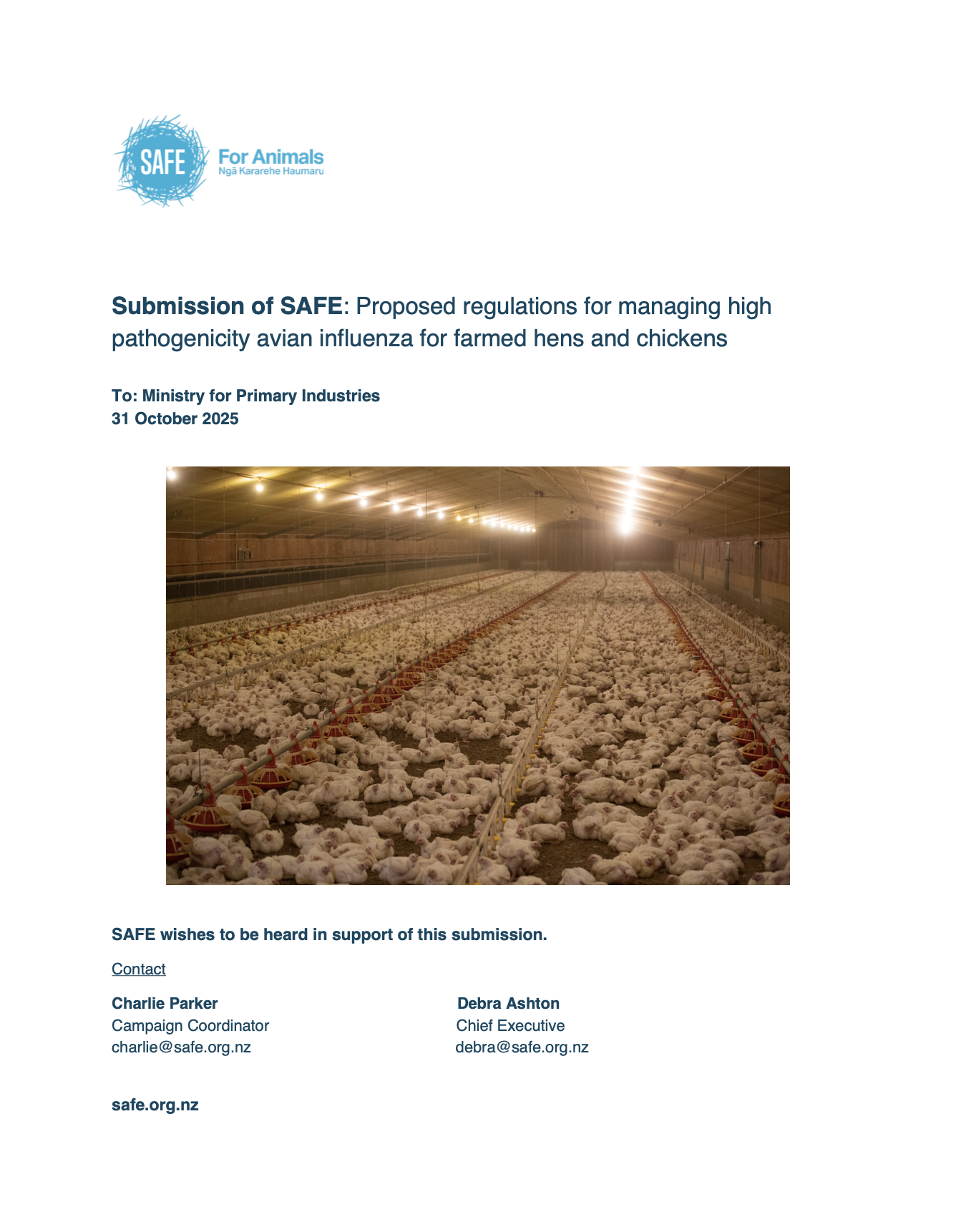 Submission of SAFE: Proposed regulations for managing high pathogenicity avian influenza for farmed hens and chickens