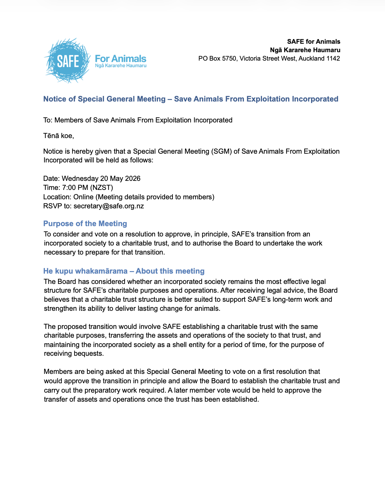 Notice of Special General Meeting