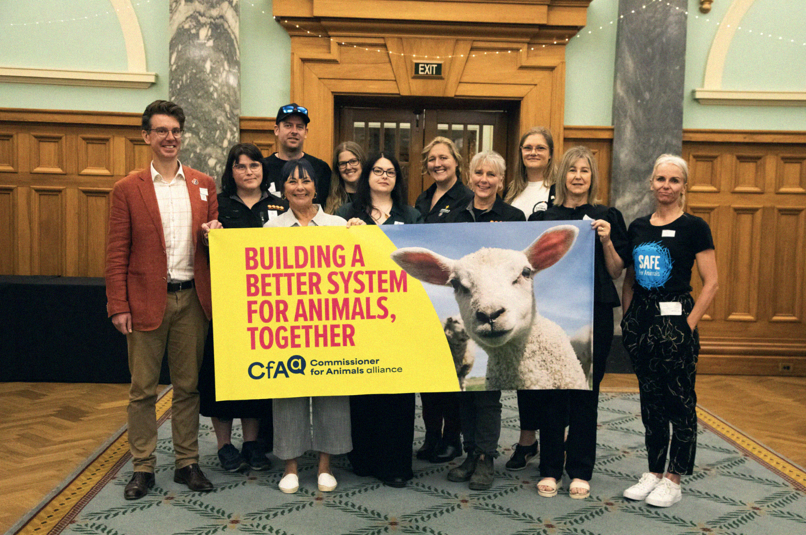 The New Zealand Commissioner for Animals Alliance group photos at the Commissioner for Animals report launch event, Parliament Grand Hall, December 2025