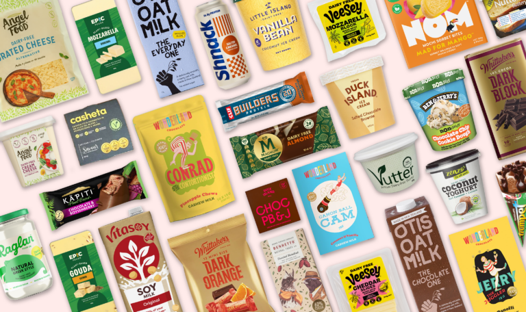 Flat lay image showing dairy free products in New Zealand