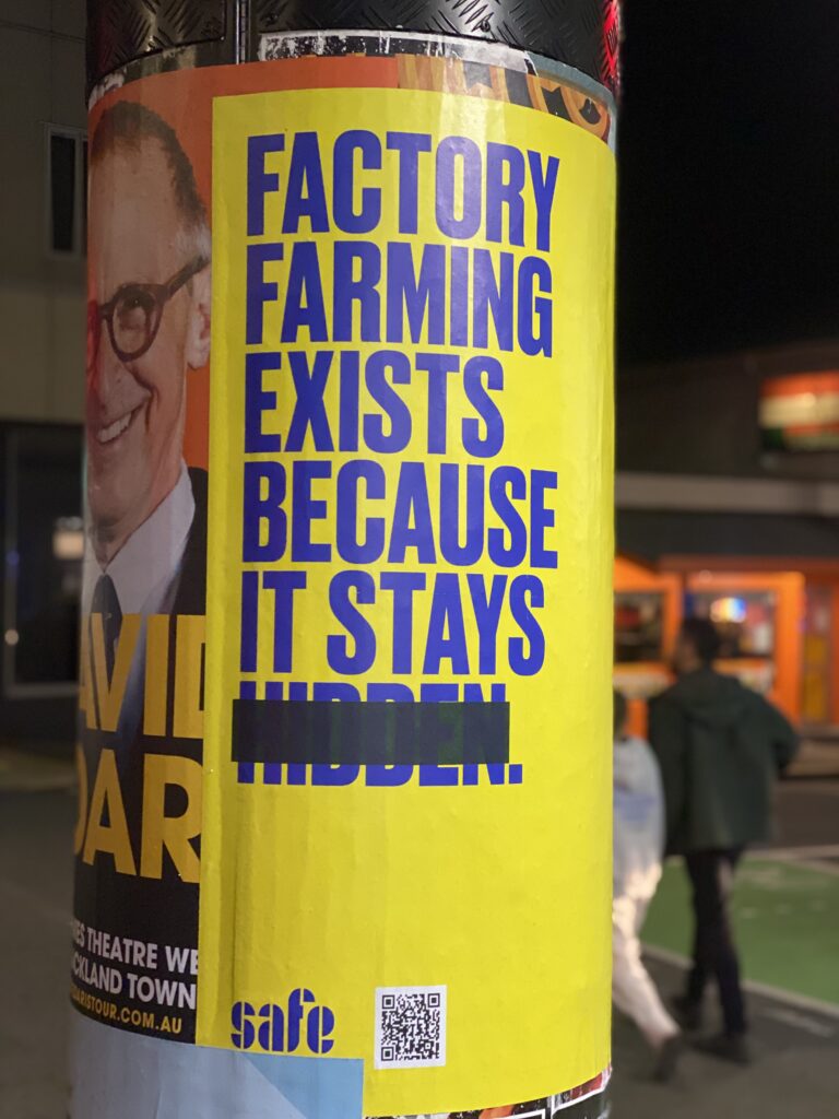 SAFE end Factory Farming Campaign poster - "Factory Farming Exists because it stays hidden"